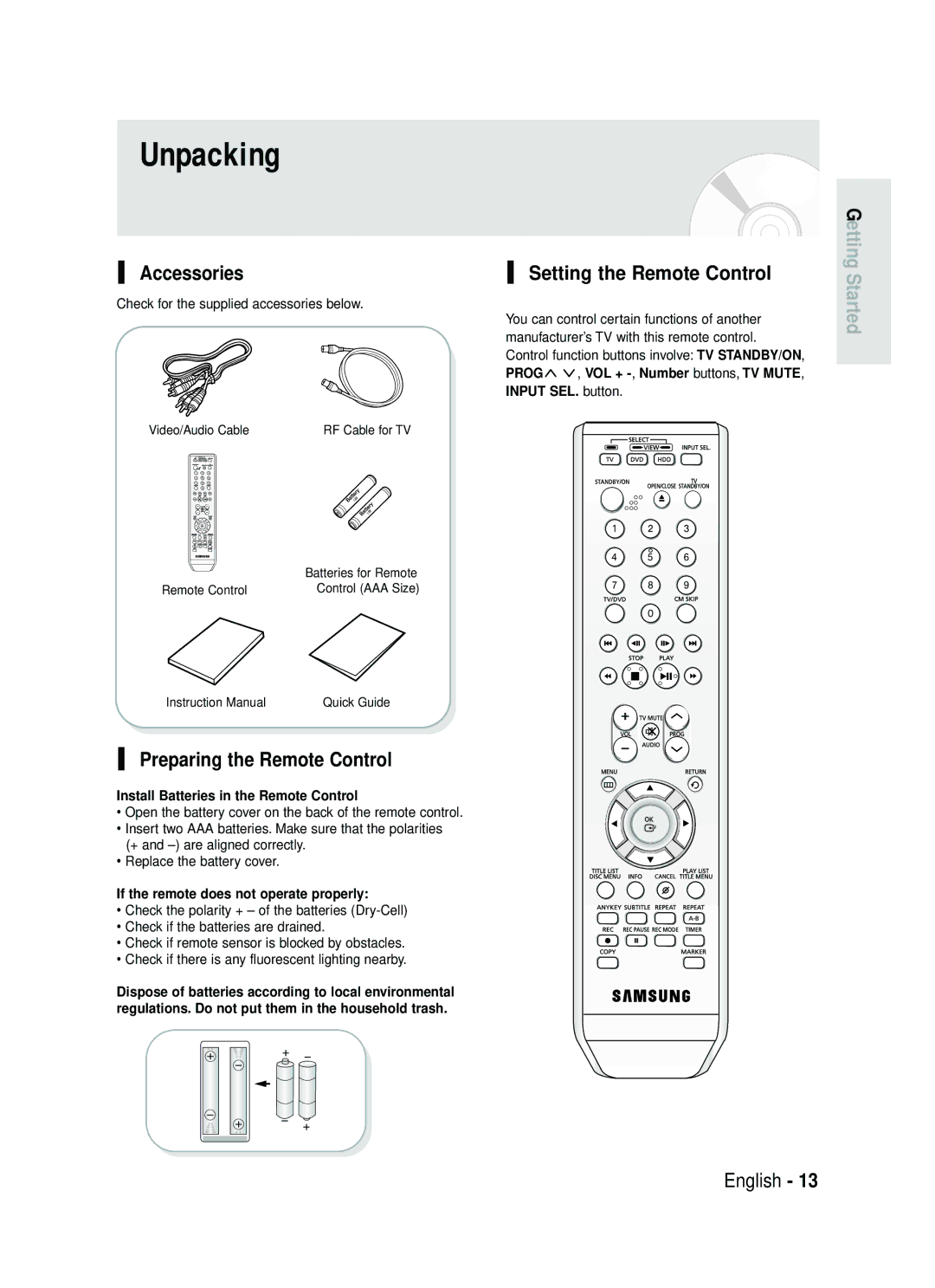 Samsung DVD-HR730/XEB, DVD-HR730/XEC manual Unpacking, Accessories, Preparing the Remote Control, Setting the Remote Control 