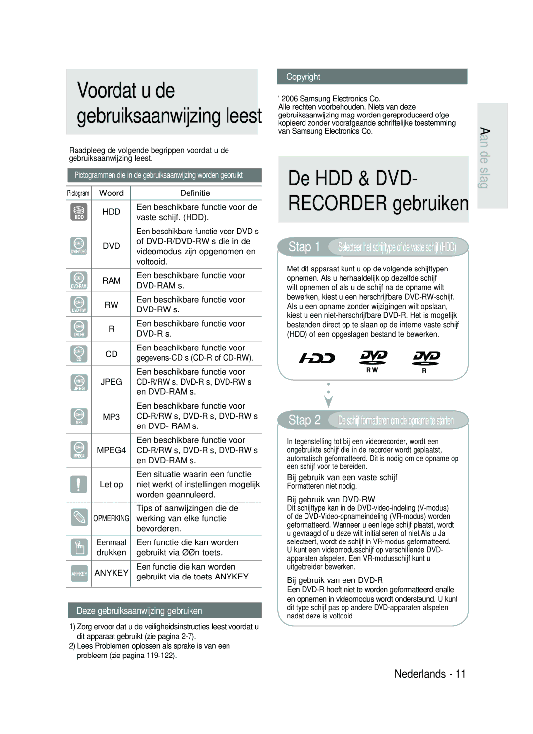 Samsung DVD-HR730/XEB manual De HDD & DVD, Voordat u de gebruiksaanwijzing leest, Deze gebruiksaanwijzing gebruiken 