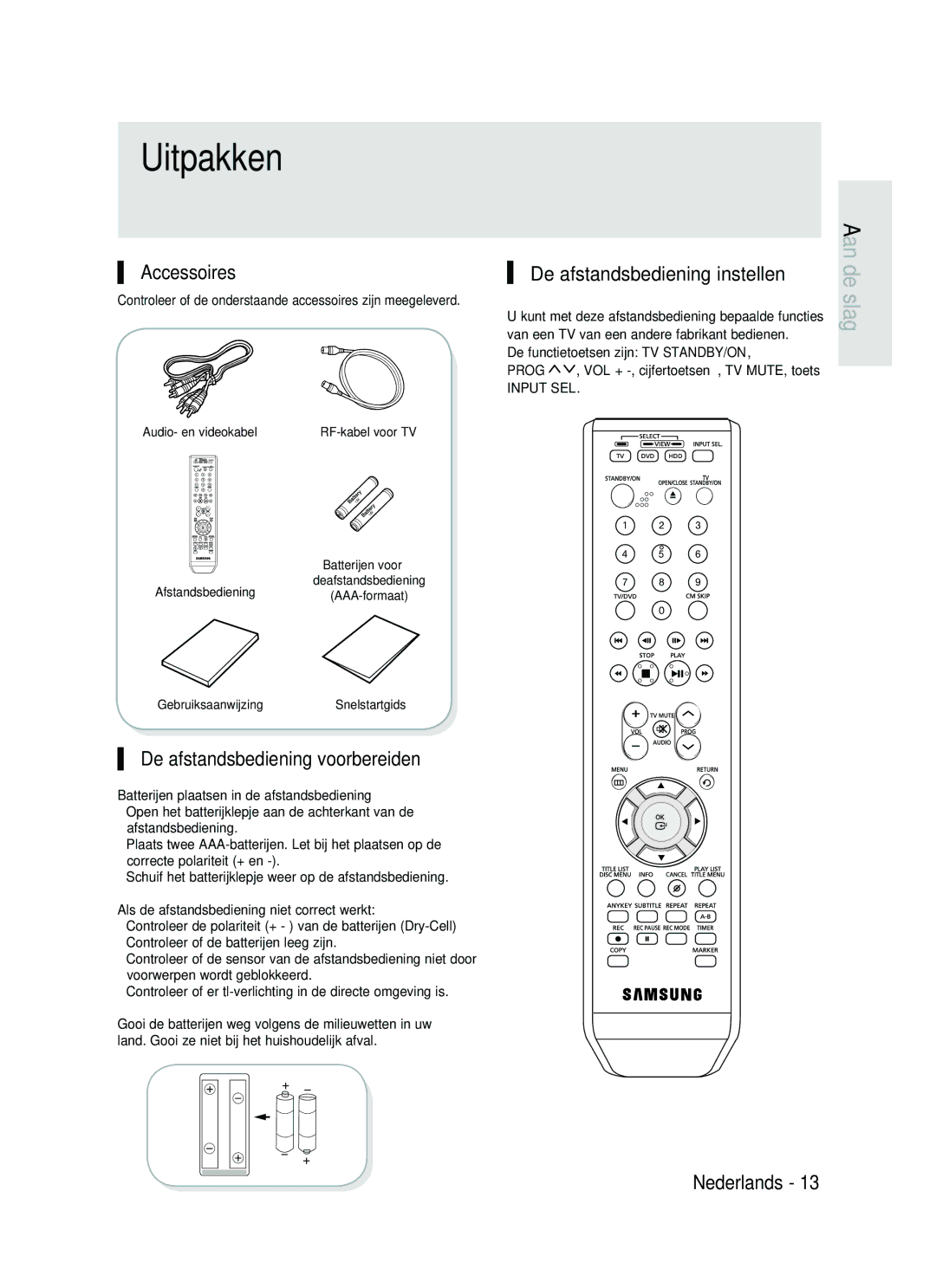 Samsung DVD-HR730/XEG manual Uitpakken, Accessoires, De afstandsbediening voorbereiden, De afstandsbediening instellen 