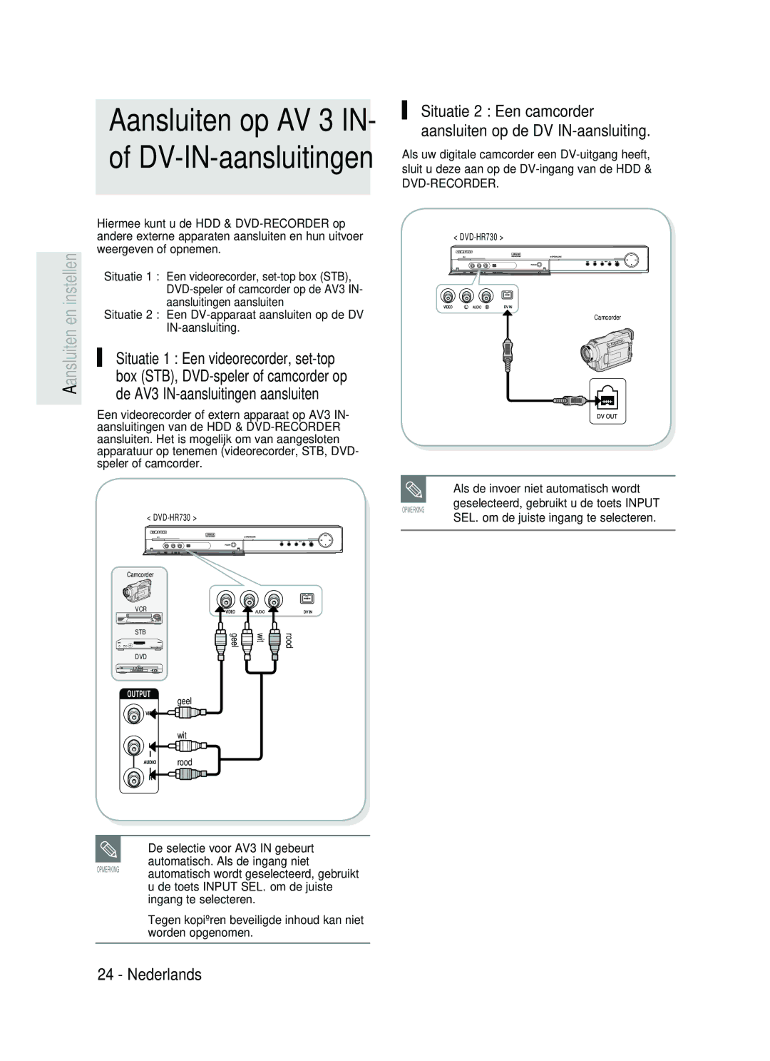 Samsung DVD-HR734/XEG, DVD-HR730/XEC Aansluiten op AV 3 IN- of DV-IN-aansluitingen, De AV3 IN-aansluitingen aansluiten 