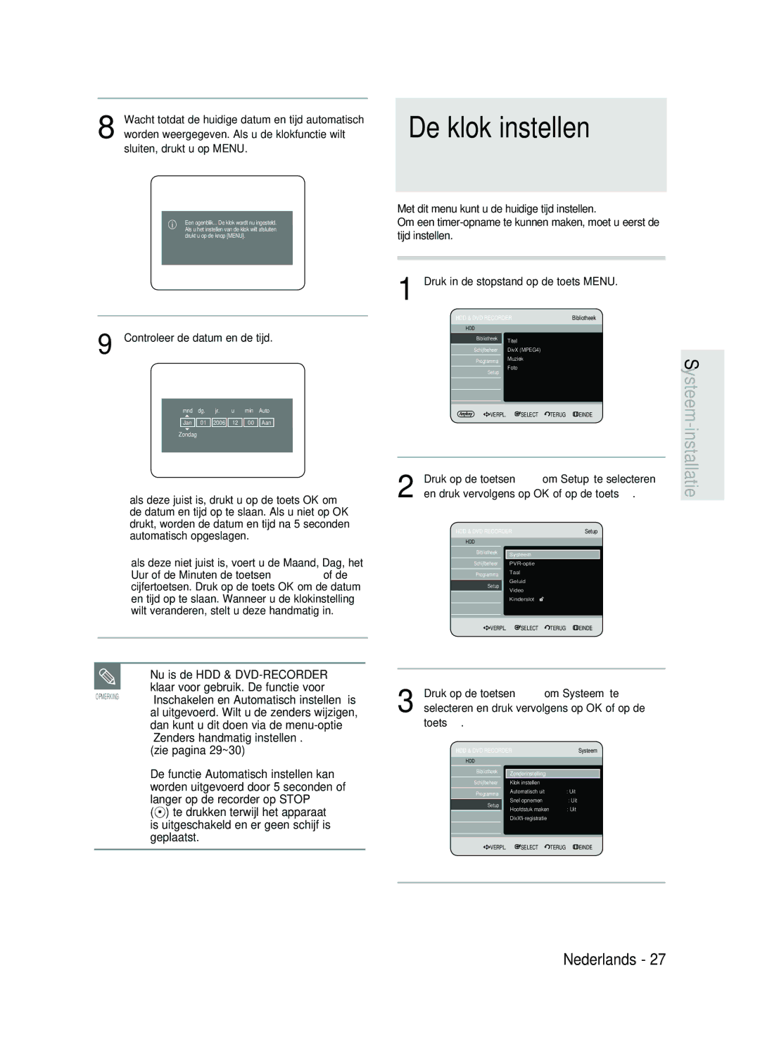 Samsung DVD-HR730/XEB, DVD-HR730/XEC, DVD-HR734/XEG De klok instellen, Zie pagina 29~30, Controleer de datum en de tijd 