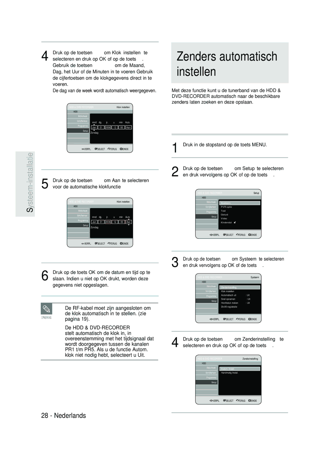 Samsung DVD-HR734/XEG Zenders automatisch instellen, Druk op de toetsen om Aan te selecteren, 2006 Aan, Handmatig Instal 