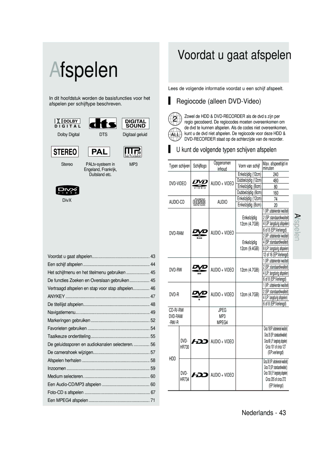 Samsung DVD-HR730/XEB, DVD-HR730/XEC Regiocode alleen DVD-Video, Kunt de volgende typen schijven afspelen, Minuten, DivX 