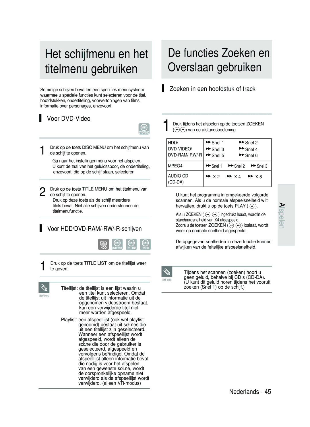 Samsung DVD-HR730/XEG Het schijfmenu en het titelmenu gebruiken, De functies Zoeken en Overslaan gebruiken, Voor DVD-Video 