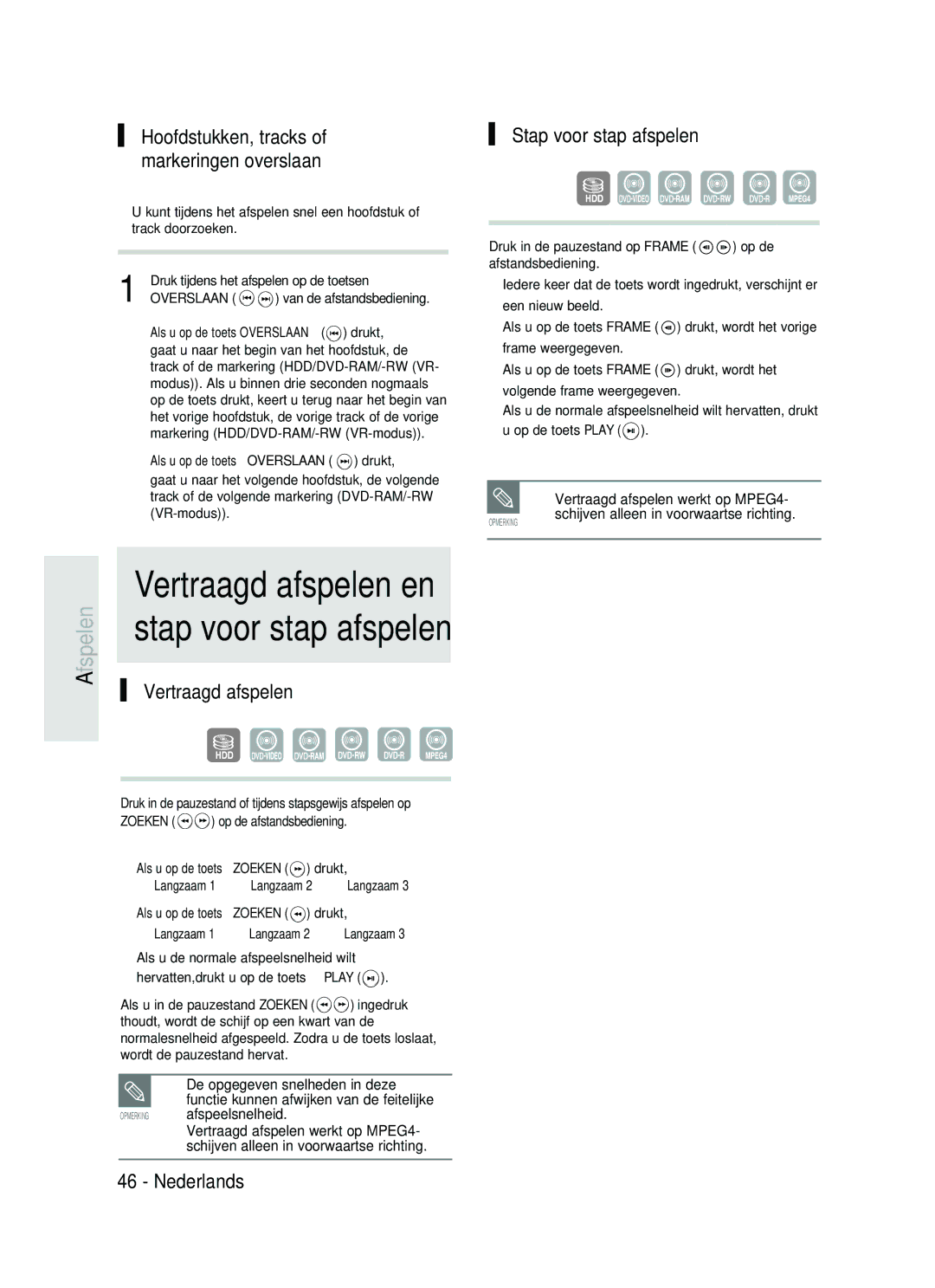 Samsung DVD-HR730/XEC, DVD-HR730/XEB, DVD-HR734/XEG Hoofdstukken, tracks, Markeringen overslaan, Stap voor stap afspelen 