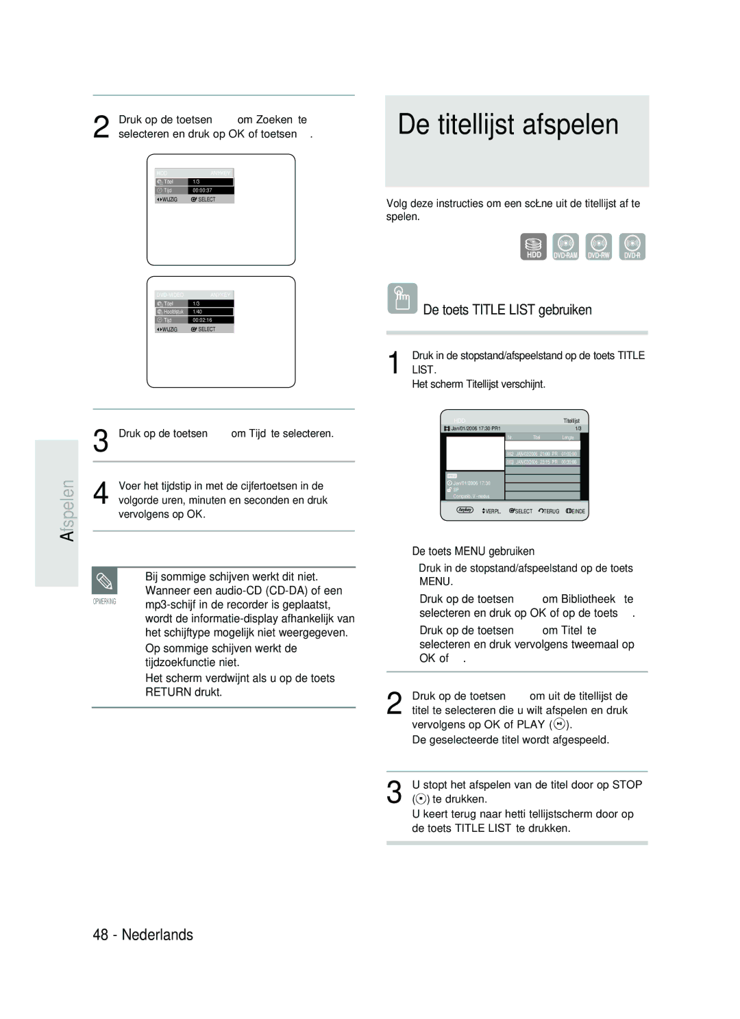 Samsung DVD-HR734/XEG manual De titellijst afspelen, De toets Title List gebruiken, Return drukt, De toets Menu gebruiken 