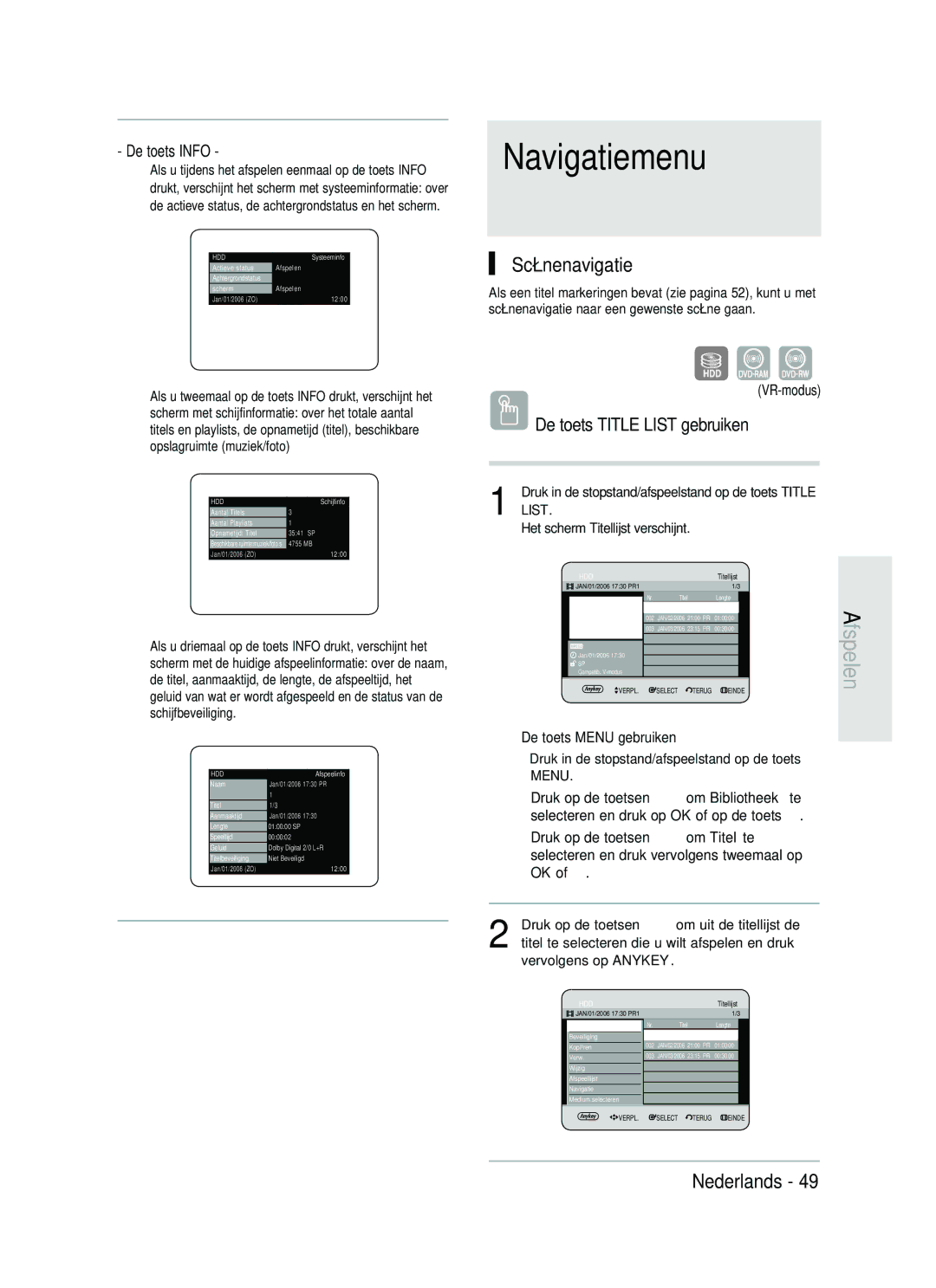 Samsung DVD-HR730/XEG, DVD-HR730/XEC, DVD-HR730/XEB manual Navigatiemenu, Scènenavigatie, De toets Info, VR-modus, Titellijst 