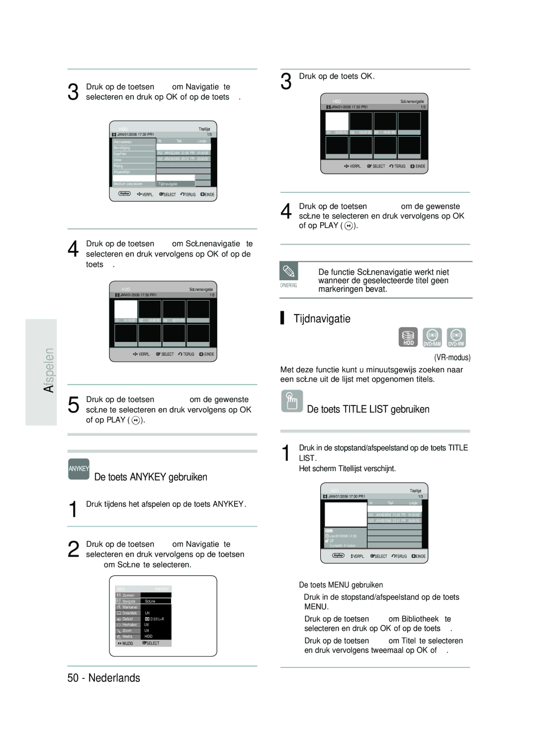 Samsung DVD-HR730/XEC Tijdnavigatie, De toets Anykey gebruiken, De functie Scènenavigatie werkt niet, Markeringen bevat 