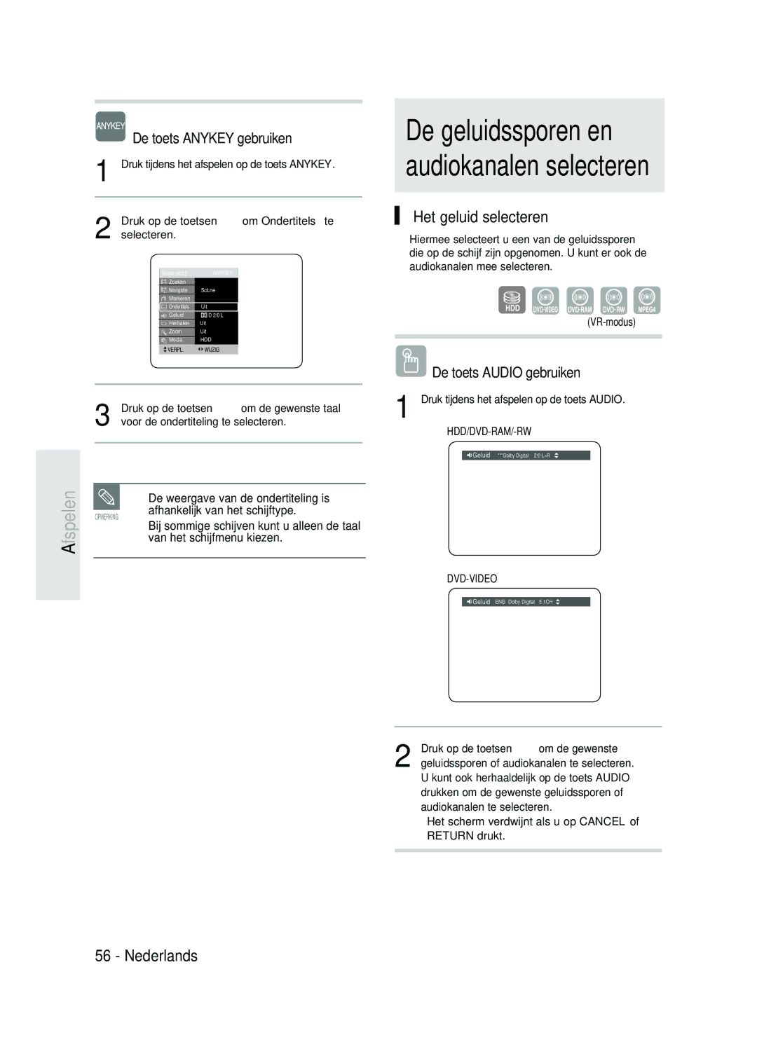 Samsung DVD-HR734/XEG, DVD-HR730/XEC, DVD-HR730/XEB, DVD-HR730/XEG Fspelen, Het geluid selecteren, De toets Audio gebruiken 