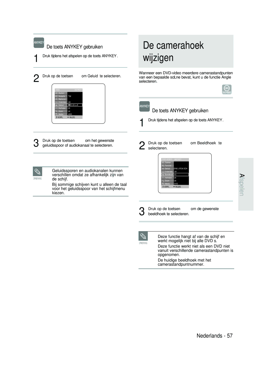 Samsung DVD-HR730/XEG, DVD-HR730/XEC, DVD-HR730/XEB manual De camerahoek wijzigen, Deze functie hangt af van de schijf en 