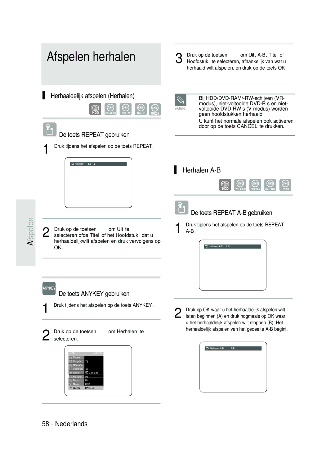 Samsung DVD-HR730/XEC manual Afspelen herhalen, Herhaaldelijk afspelen Herhalen, Herhalen A-B, De toets Repeat gebruiken 