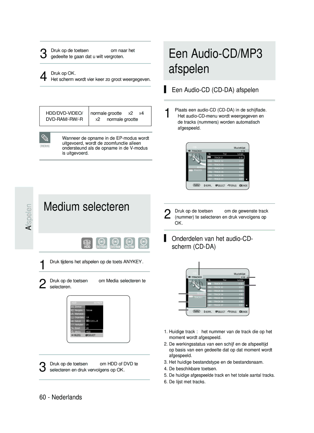 Samsung DVD-HR734/XEG, DVD-HR730/XEC Een Audio-CD/MP3 afspelen, Een Audio-CD CD-DA afspelen, Onderdelen van het audio-CD 