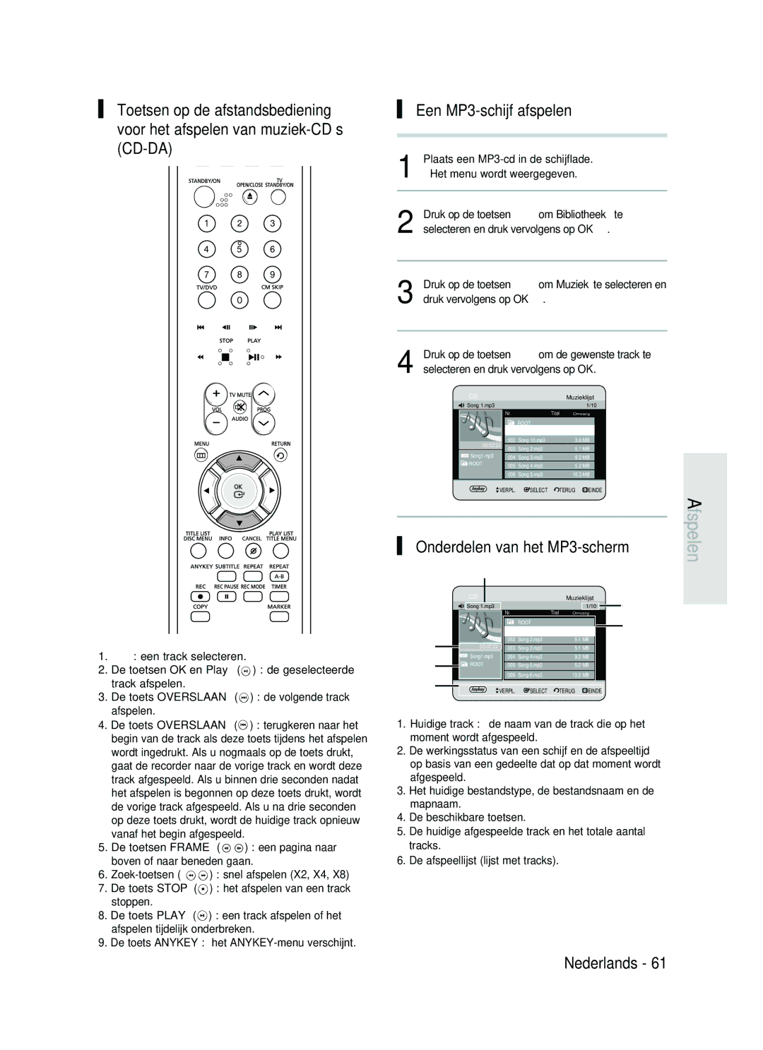 Samsung DVD-HR730/XEG, DVD-HR730/XEC, DVD-HR730/XEB, DVD-HR734/XEG manual Een MP3-schijf afspelen, Een track selecteren 