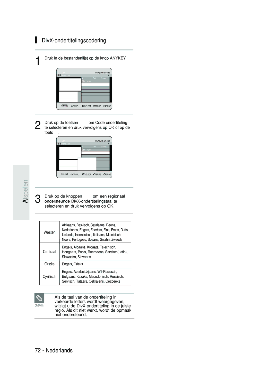 Samsung DVD-HR734/XEG manual DivX-ondertitelingscodering, Niet ondersteund, Druk in de bestandenlijst op de knop Anykey 