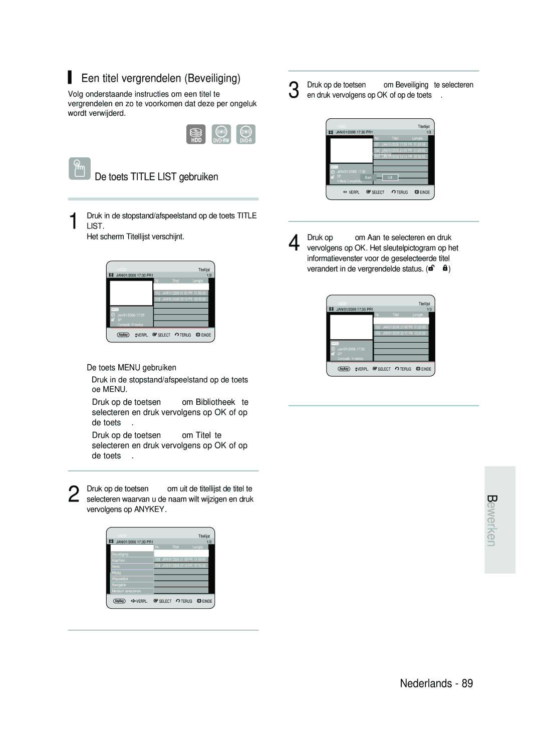 Samsung DVD-HR730/XEG, DVD-HR730/XEC, DVD-HR730/XEB, DVD-HR734/XEG manual Een titel vergrendelen Beveiliging, Aan Uit 