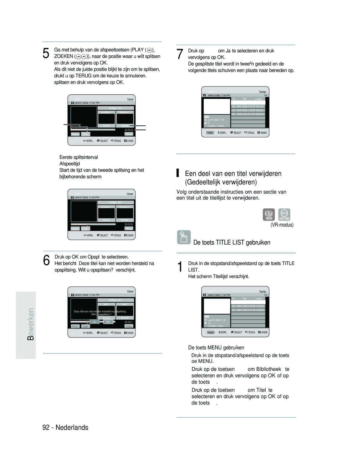 Samsung DVD-HR734/XEG manual Een deel van een titel verwijderen Gedeeltelijk verwijderen, Opspl, 000055, Nee 000001 