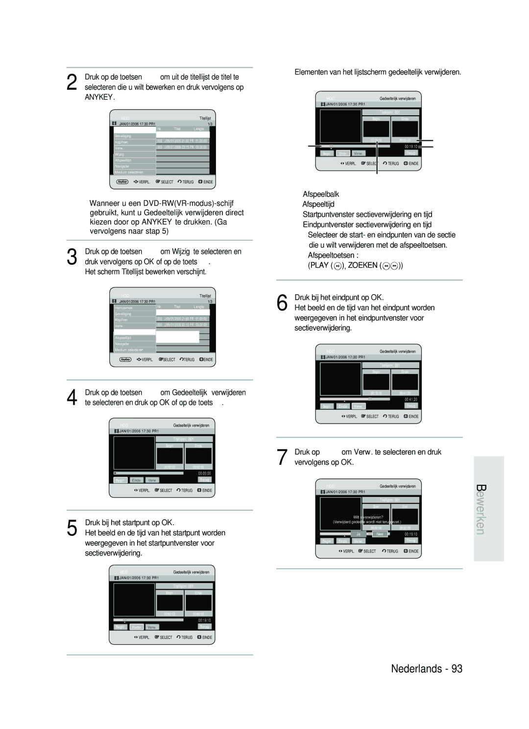 Samsung DVD-HR730/XEG Het scherm Titellijst bewerken verschijnt, Elementen van het lijstscherm gedeeltelijk verwijderen 