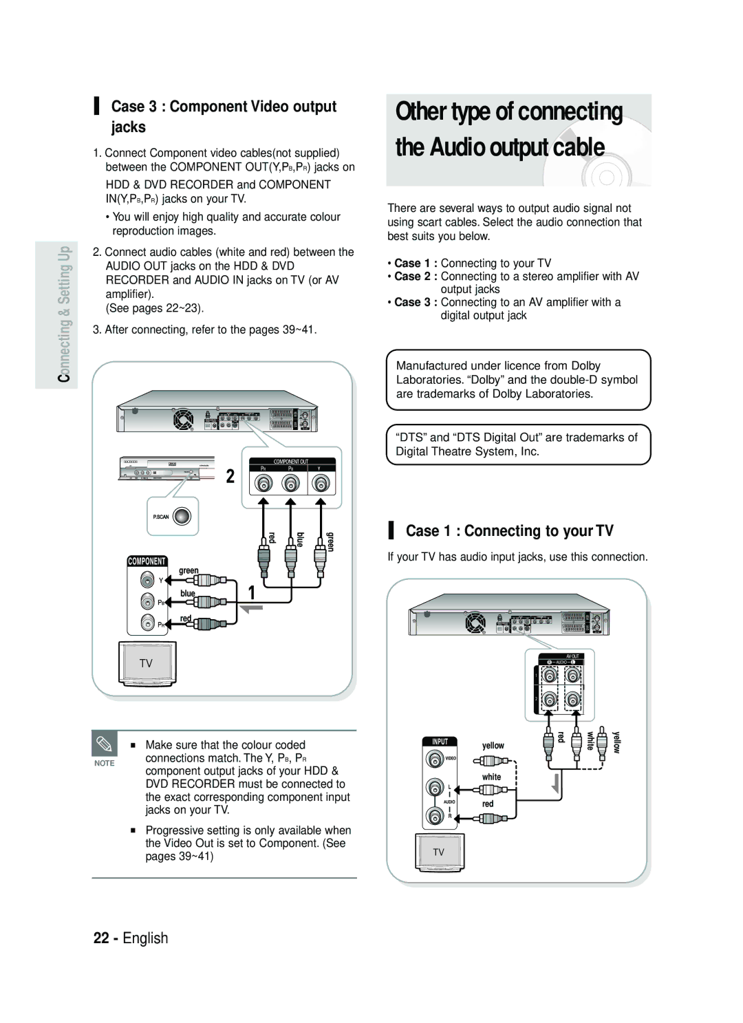 Samsung DVD-HR734/XEG, DVD-HR730/XEC Case 3 Component Video output jacks, Case 1 Connecting to your TV, Jacks on your TV 