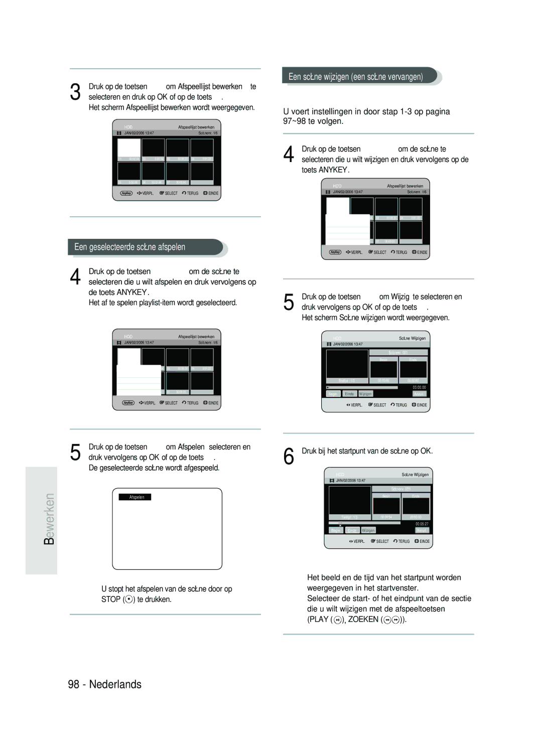 Samsung DVD-HR730/XEC, DVD-HR730/XEB manual Een geselecteerde scène afspelen, Een scène wijzigen een scène vervangen 