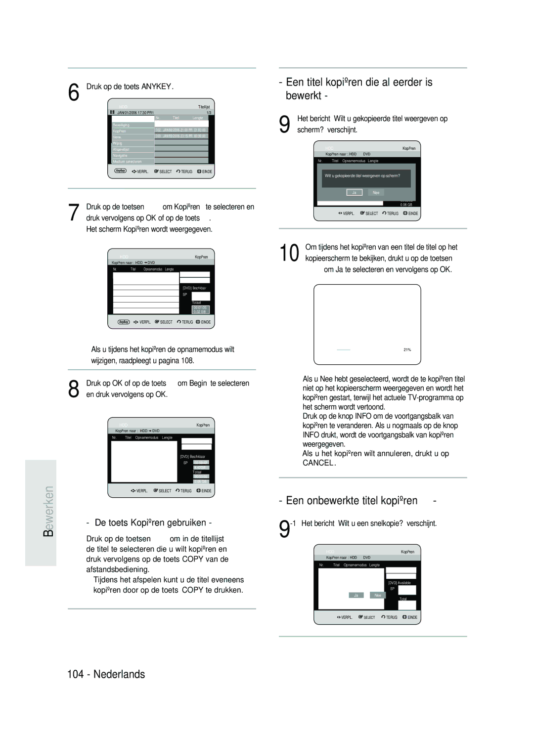 Samsung DVD-HR734/XEG, DVD-HR730/XEC manual Een titel kopiëren die al eerder is bewerkt, Een onbewerkte titel kopiëren 