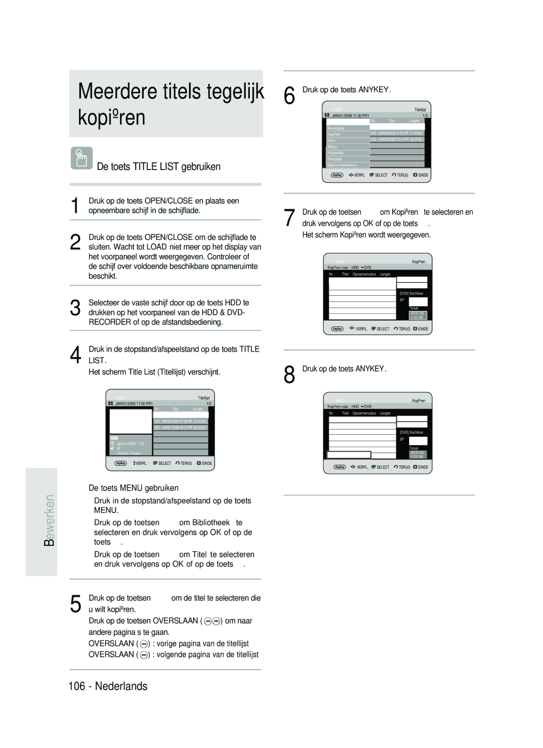 Samsung DVD-HR730/XEC, DVD-HR730/XEB, DVD-HR734/XEG, DVD-HR730/XEG manual Meerdere titels tegelijk kopiëren, Beschikt 