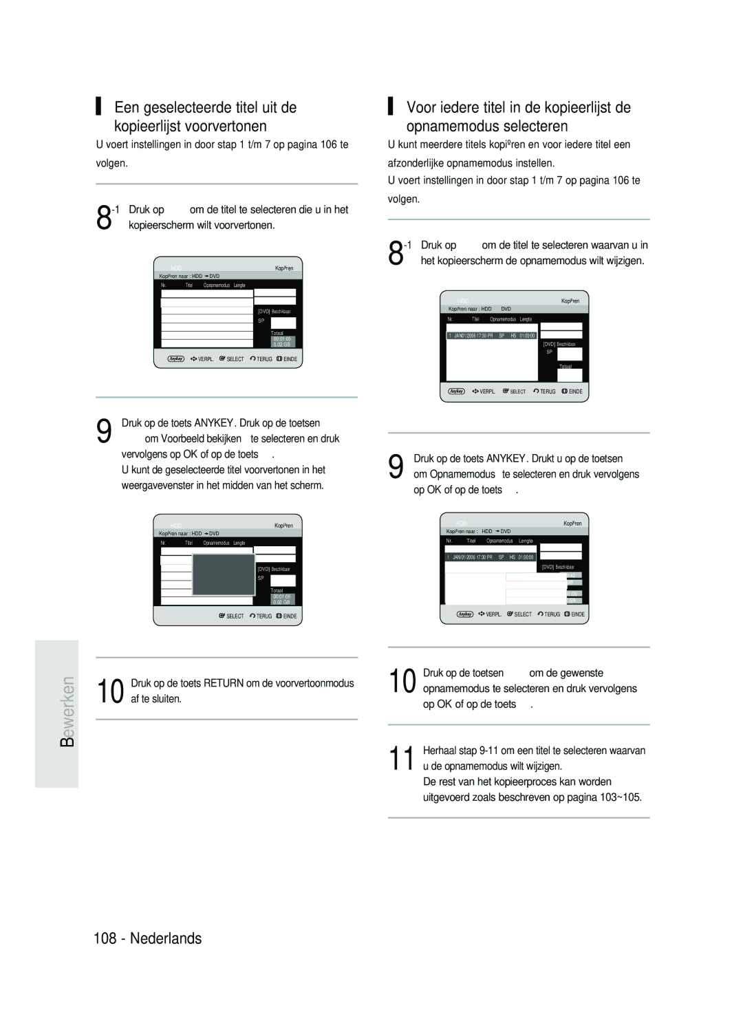 Samsung DVD-HR734/XEG manual Een geselecteerde titel uit de kopieerlijst voorvertonen, Vervolgens op OK of op de toets 