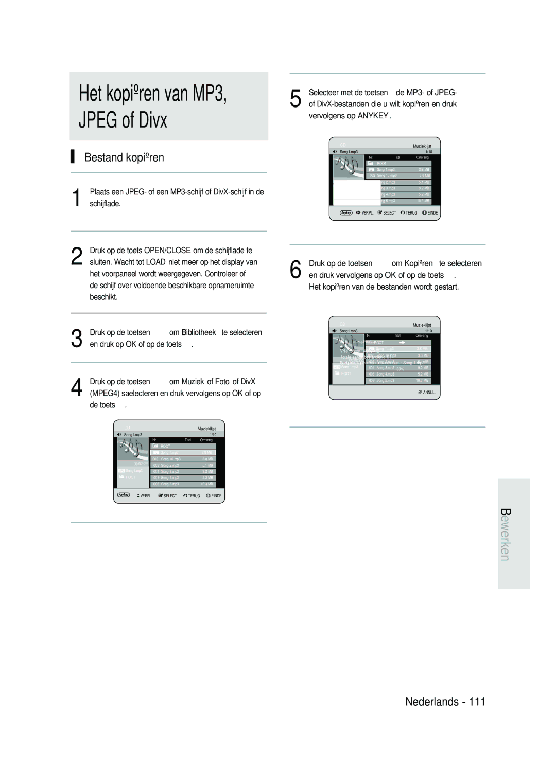 Samsung DVD-HR730/XEB Jpeg of Divx, Bestand kopiëren, Het kopiëren van de bestanden wordt gestart, Bezig met kopiëren 