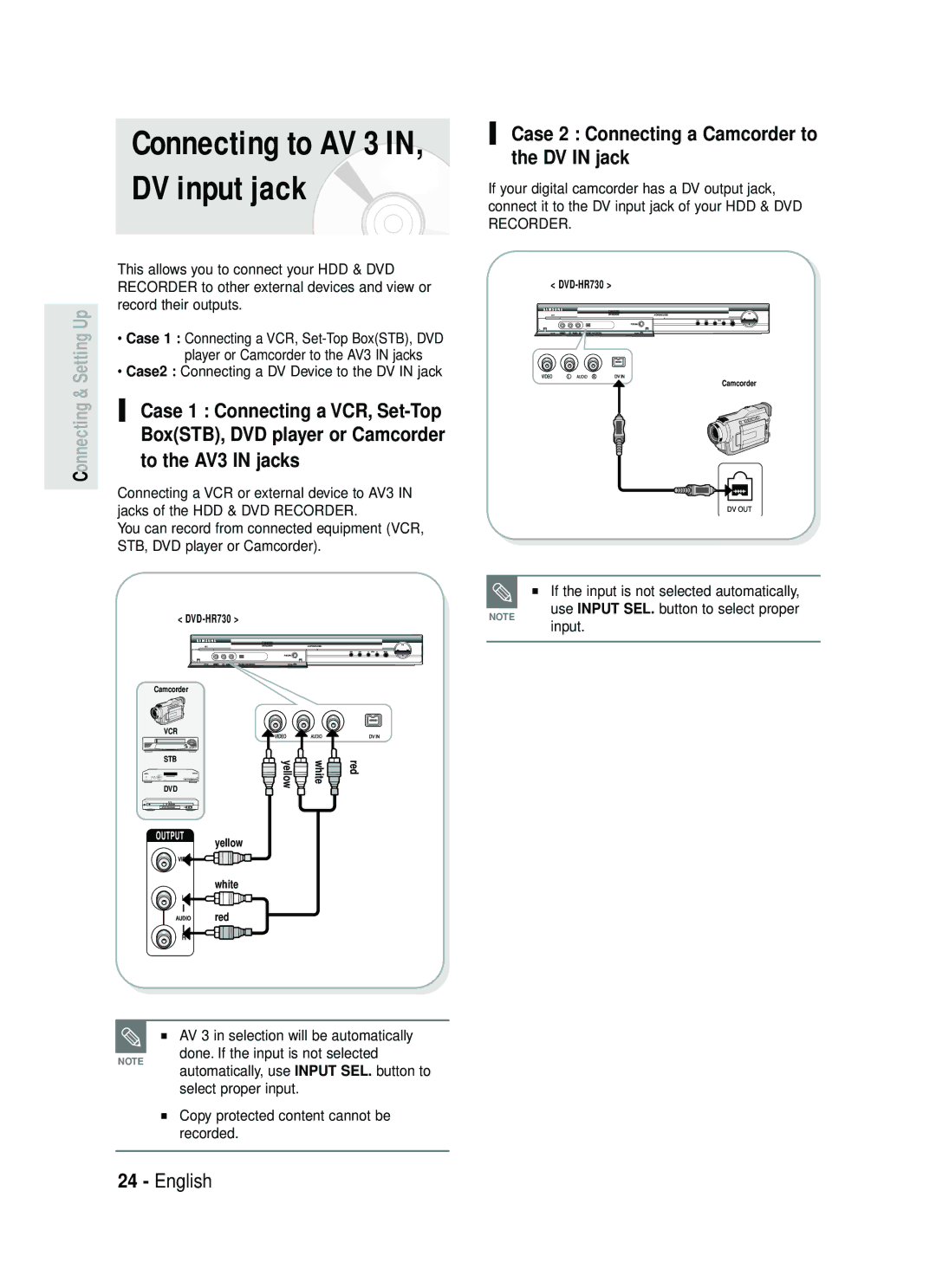 Samsung DVD-HR730/XEC, DVD-HR730/XEB, DVD-HR734/XEG To the AV3 in jacks, Case 2 Connecting a Camcorder to the DV in jack 