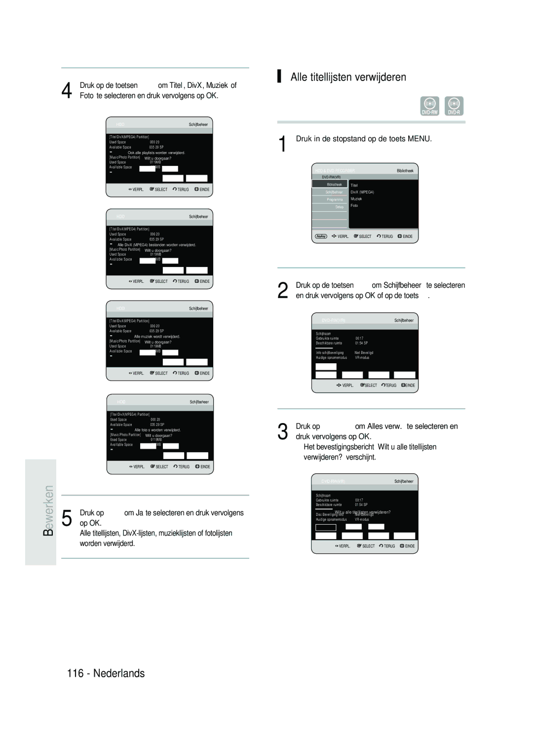 Samsung DVD-HR734/XEG, DVD-HR730/XEC, DVD-HR730/XEB manual EwerkenB, Alle titellijsten verwijderen, Worden verwijderd 