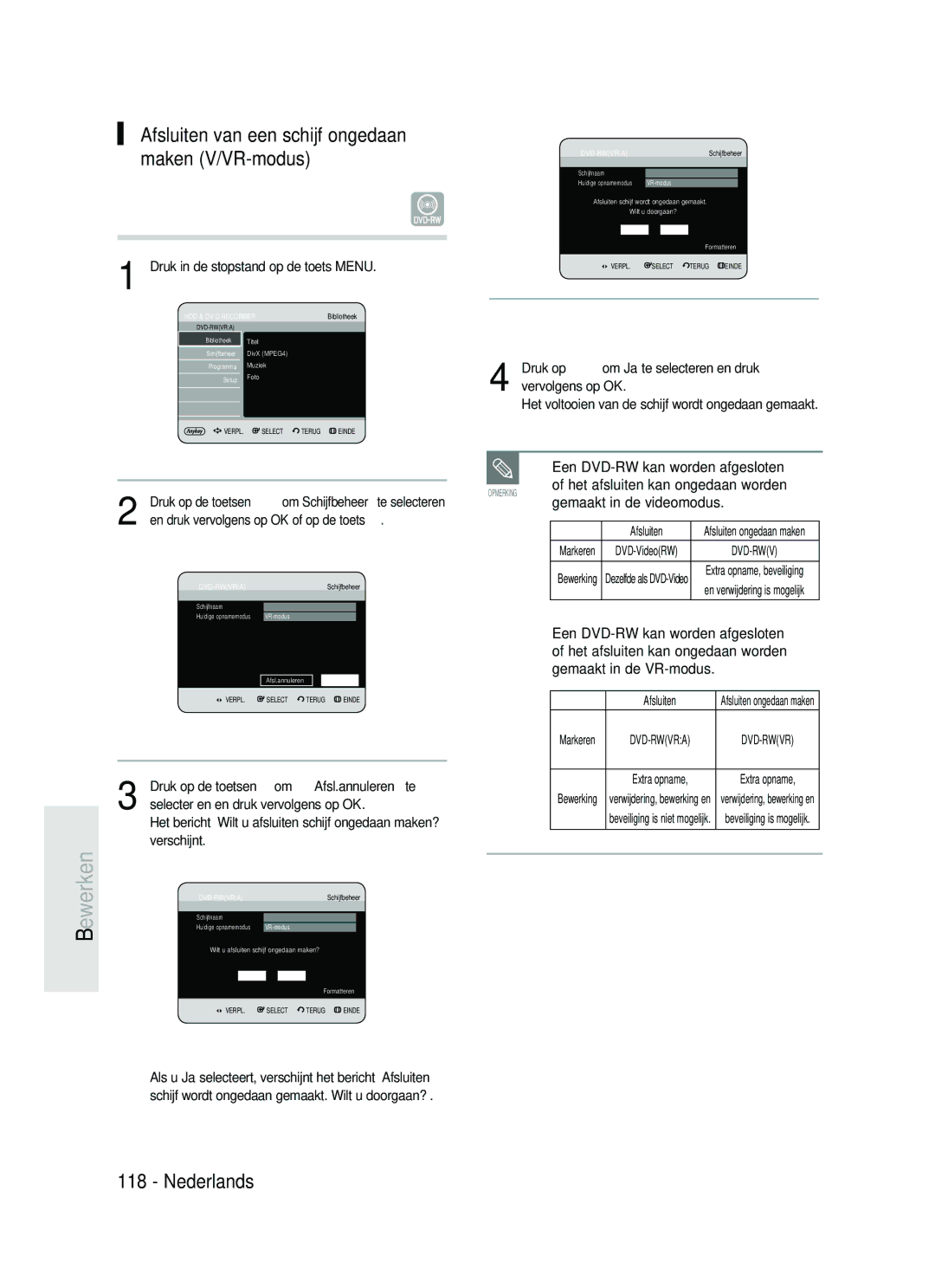 Samsung DVD-HR730/XEC manual Afsluiten van een schijf ongedaan maken V/VR-modus, Een DVD-RW kan worden afgesloten, Markeren 