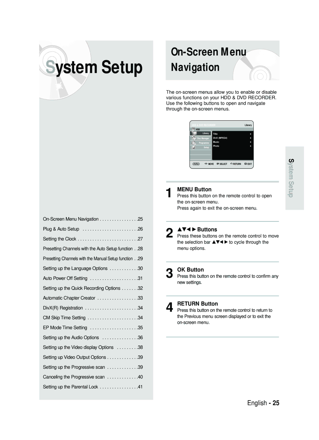 Samsung DVD-HR730/XEB, DVD-HR730/XEC, DVD-HR734/XEG, DVD-HR730/XEG manual On-Screen Menu Navigation, System Setup 