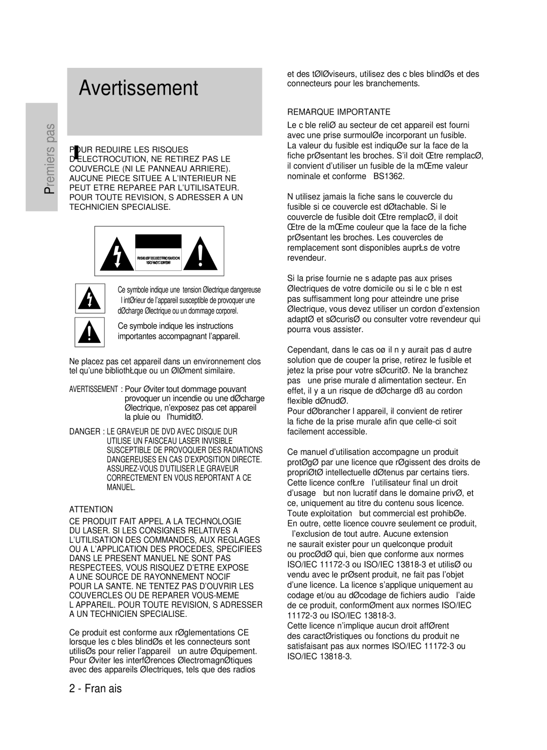 Samsung DVD-HR730/XEG, DVD-HR730/XEC, DVD-HR730/XEB, DVD-HR734/XEG manual Avertissement 