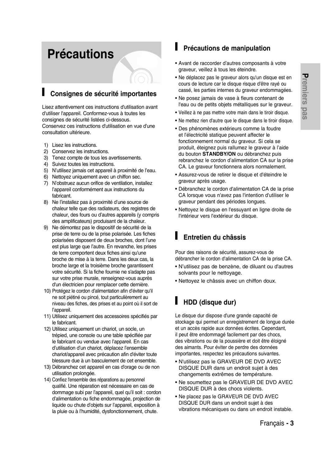 Samsung DVD-HR730/XEC Consignes de sécurité importantes, Précautions de manipulation, Entretien du châssis, HDD disque dur 