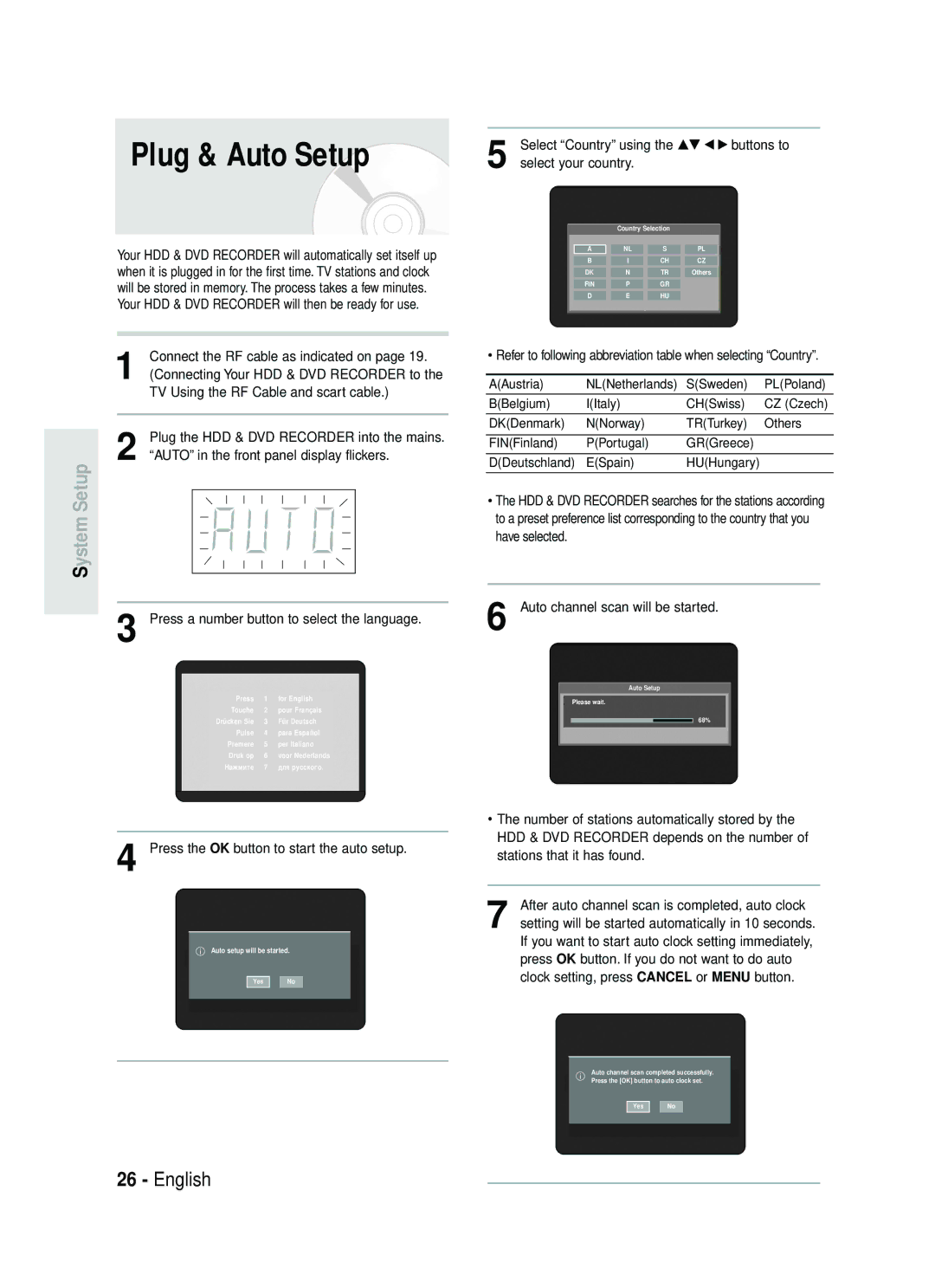 Samsung DVD-HR734/XEG, DVD-HR730/XEC Plug & Auto Setup, Press a number button to select the language, Select your country 