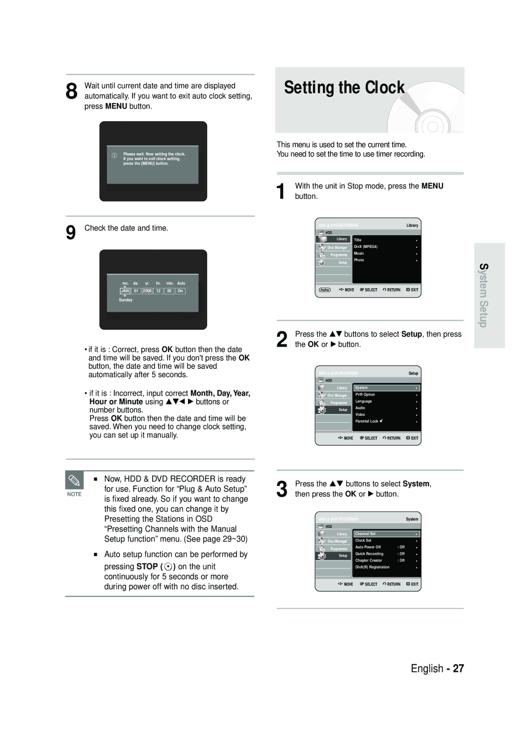 Samsung DVD-HR730/XEG manual Setting the Clock, Now, HDD & DVD Recorder is ready, Auto setup function can be performed by 