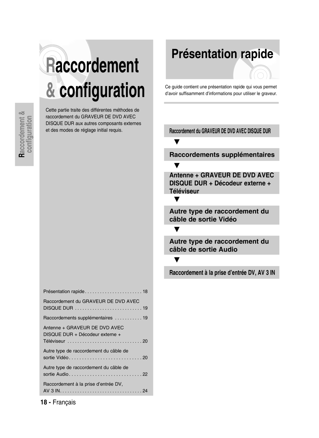 Samsung DVD-HR730/XEG, DVD-HR730/XEC, DVD-HR730/XEB, DVD-HR734/XEG manual Raccordement à la prise d’entrée DV, AV 3 