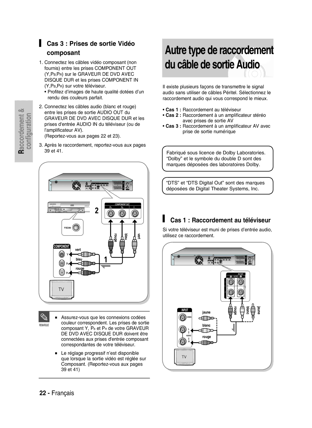 Samsung DVD-HR730/XEG, DVD-HR730/XEC manual Cas 3 Prises de sortie Vidéo composant, Cas 1 Raccordement au téléviseur 