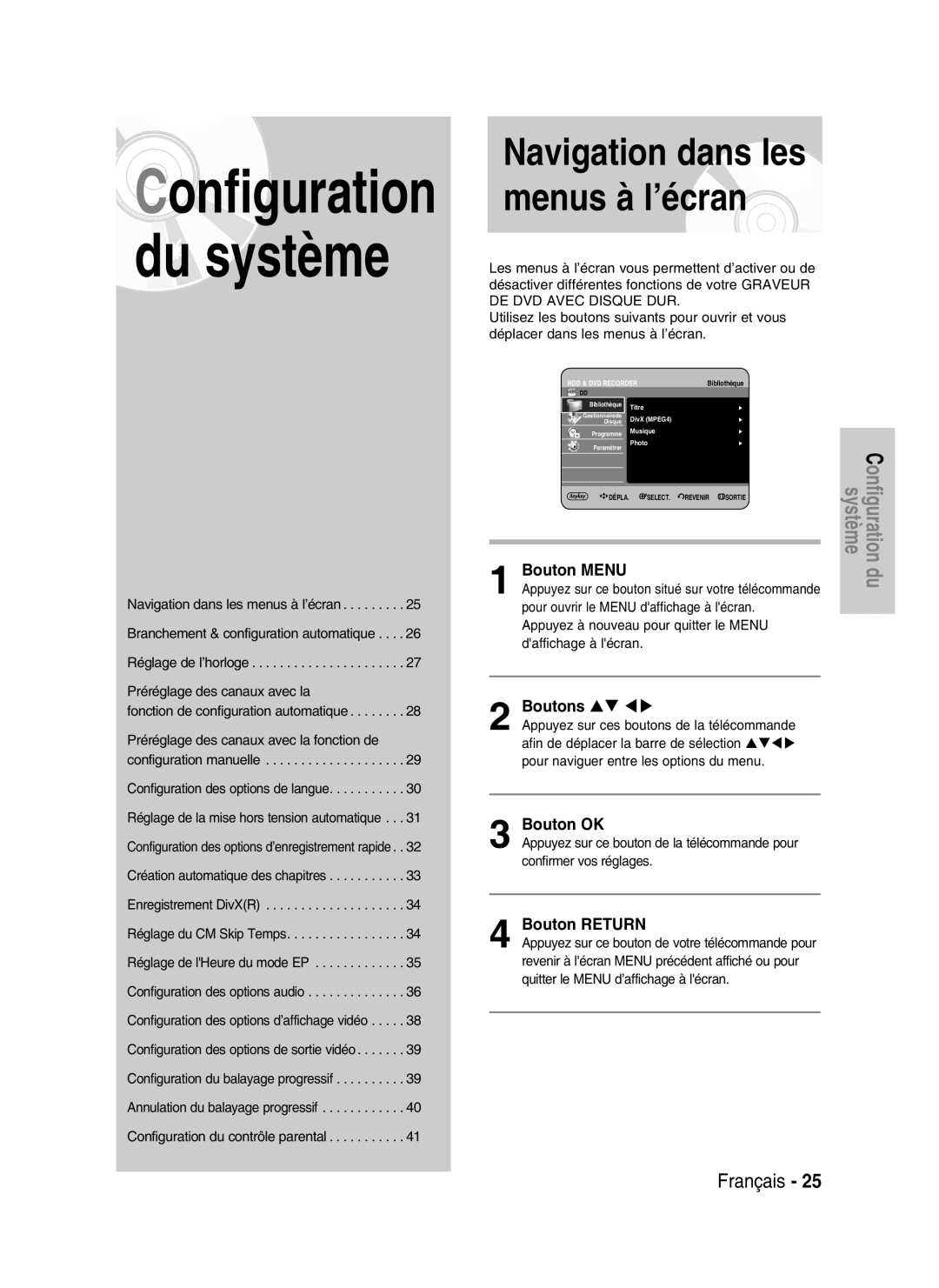 Samsung DVD-HR734/XEG, DVD-HR730/XEC, DVD-HR730/XEB, DVD-HR730/XEG manual Bouton Menu, Boutons, Bouton OK, Bouton Return 