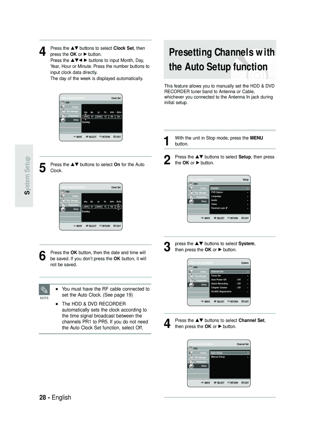 Samsung DVD-HR730/XEC Presetting Channels with the Auto Setup function, Press the …† buttons to select On for the Auto 