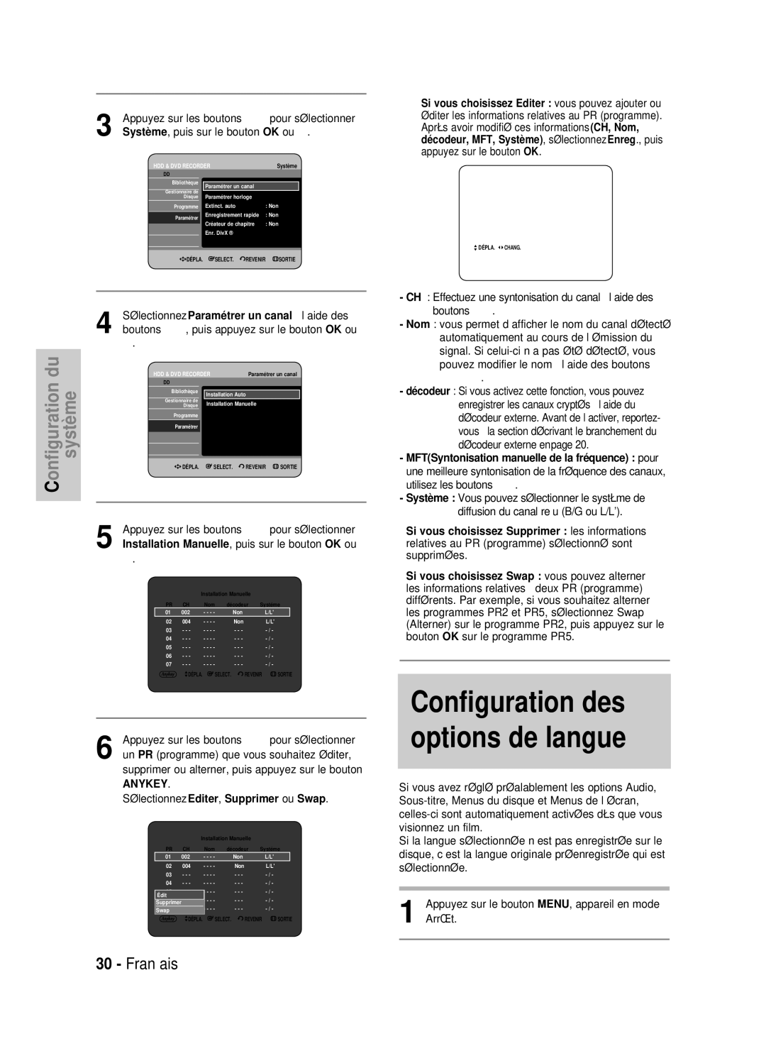 Samsung DVD-HR730/XEG Sélectionnez Editer, Supprimer ou Swap, Utilisez les boutons, Non Édit, Nom Décodeur Non, Systéme 