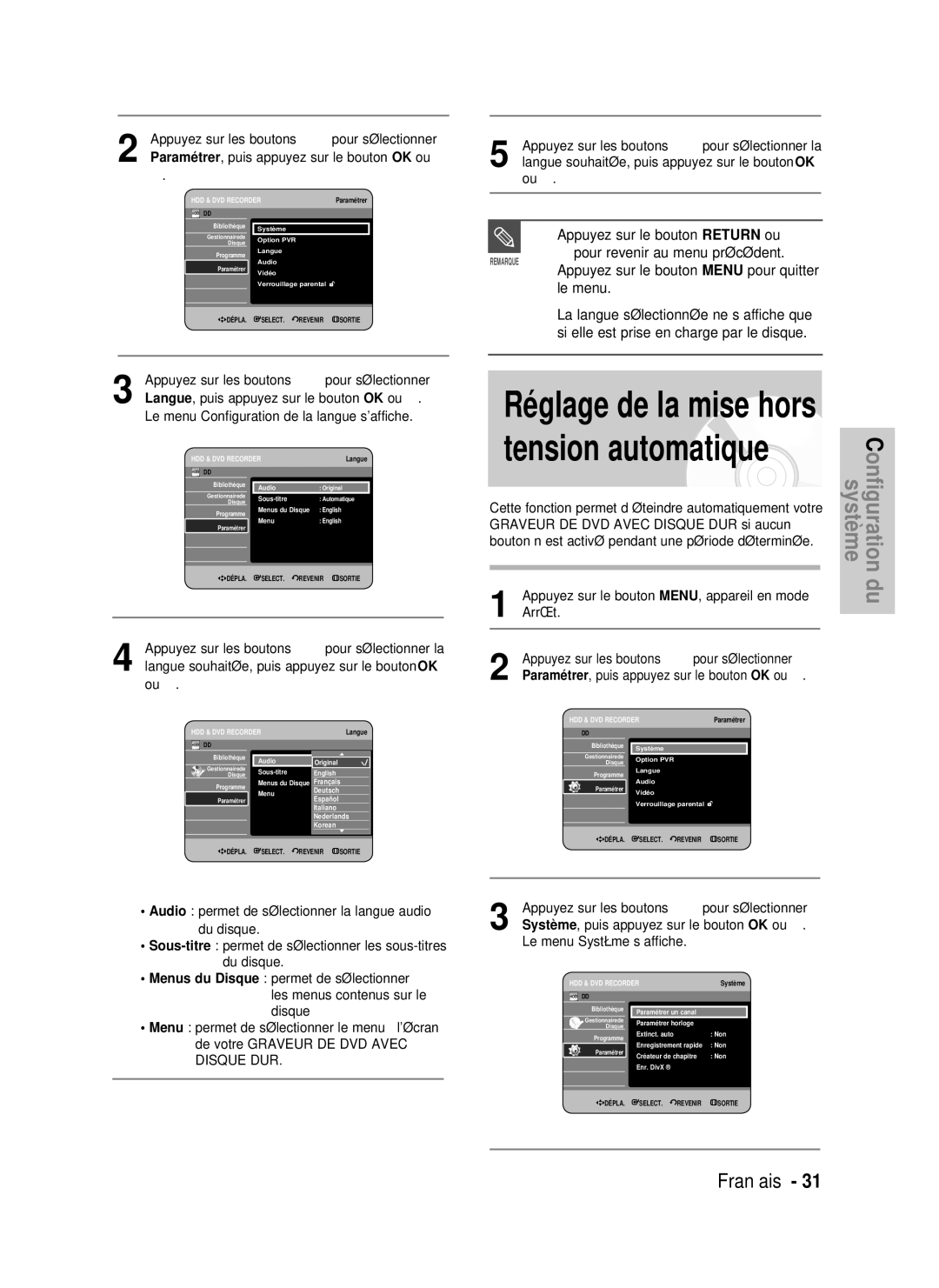 Samsung DVD-HR730/XEC manual Appuyez sur le bouton Menu pour quitter le menu, Le menu Configuration de la langue saffiche 