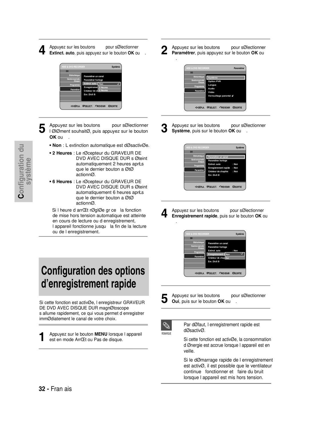 Samsung DVD-HR730/XEB, DVD-HR730/XEC, DVD-HR734/XEG, DVD-HR730/XEG manual Par défaut, l’enregistrement rapide est Désactivé 