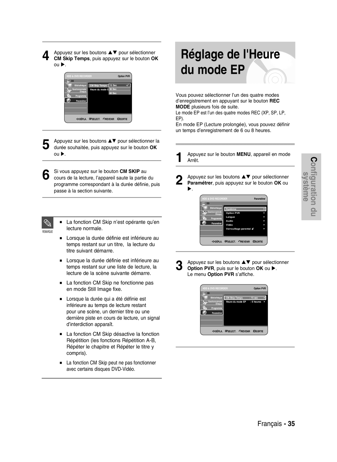 Samsung DVD-HR730/XEC, DVD-HR730/XEB manual La fonction CM Skip n’est opérante qu’en Lecture normale, CM Skip Temps 15 sec 