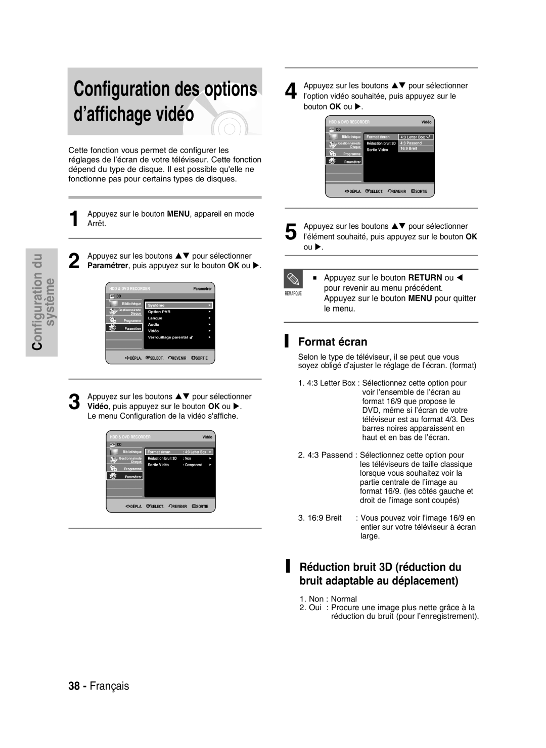 Samsung DVD-HR730/XEG, DVD-HR730/XEC manual Format écran, ’élément souhaité, puis appuyez sur le bouton OK ou, Large 