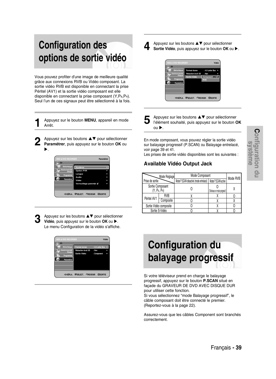 Samsung DVD-HR730/XEC, DVD-HR730/XEB Available Vidéo Output Jack, Le menu Configuration de la vidéo saffiche, Sortie Vidéo 