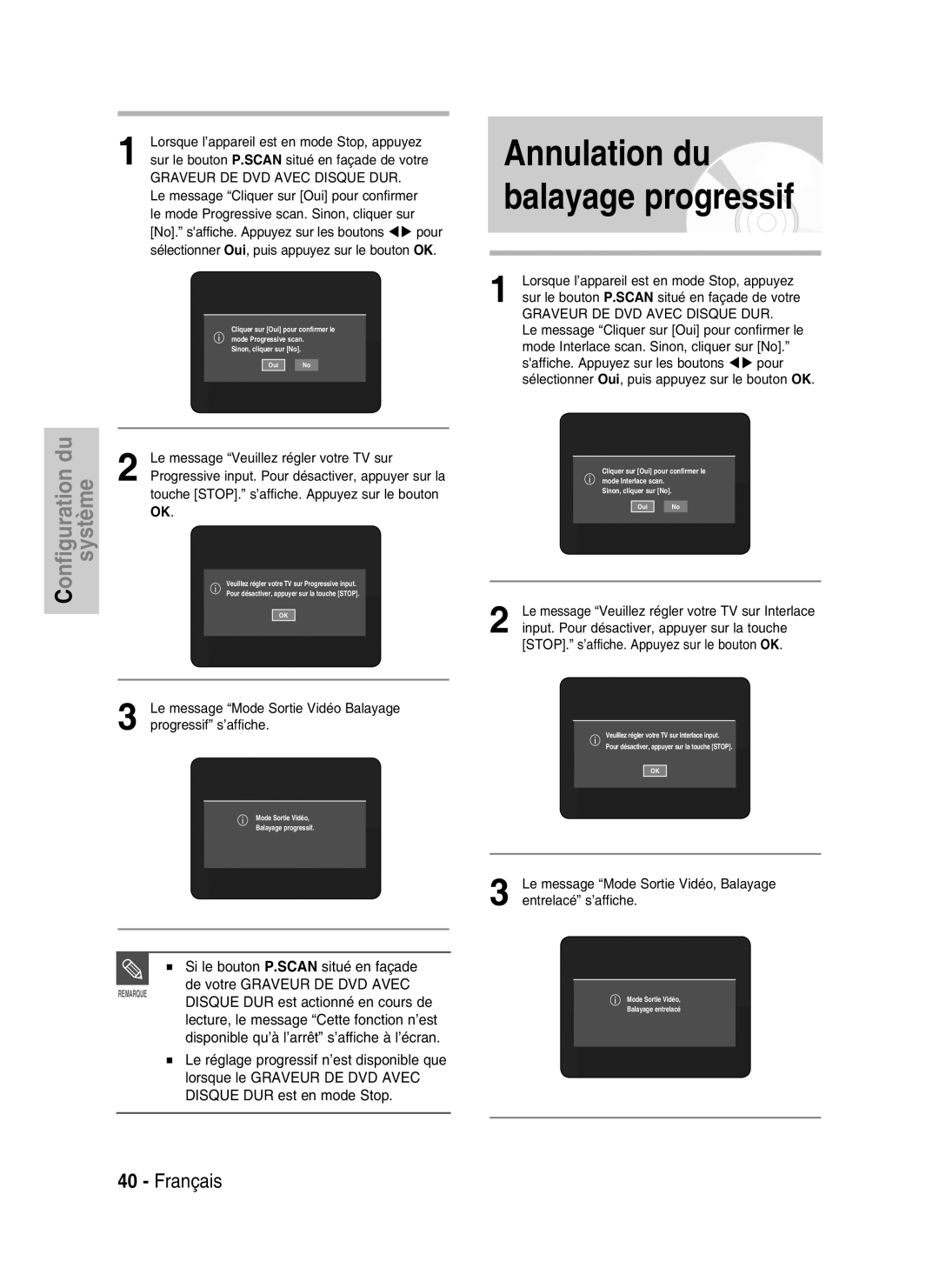 Samsung DVD-HR730/XEB manual Le message Veuillez régler votre TV sur, Touche STOP. s’affiche. Appuyez sur le bouton 