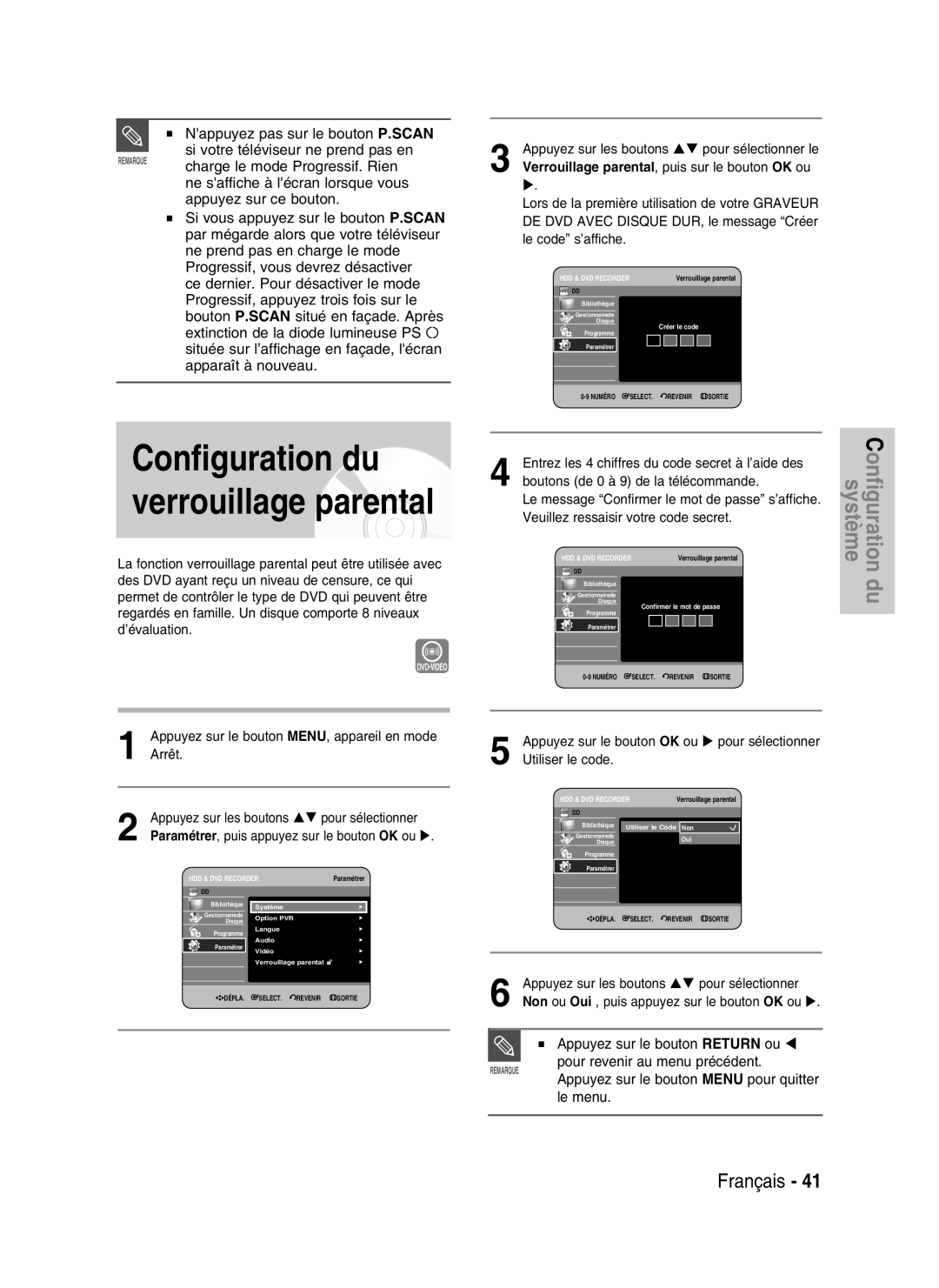 Samsung DVD-HR734/XEG manual Charge le mode Progressif. Rien, Appuyez sur ce bouton, Ne saffiche à lécran lorsque vous 