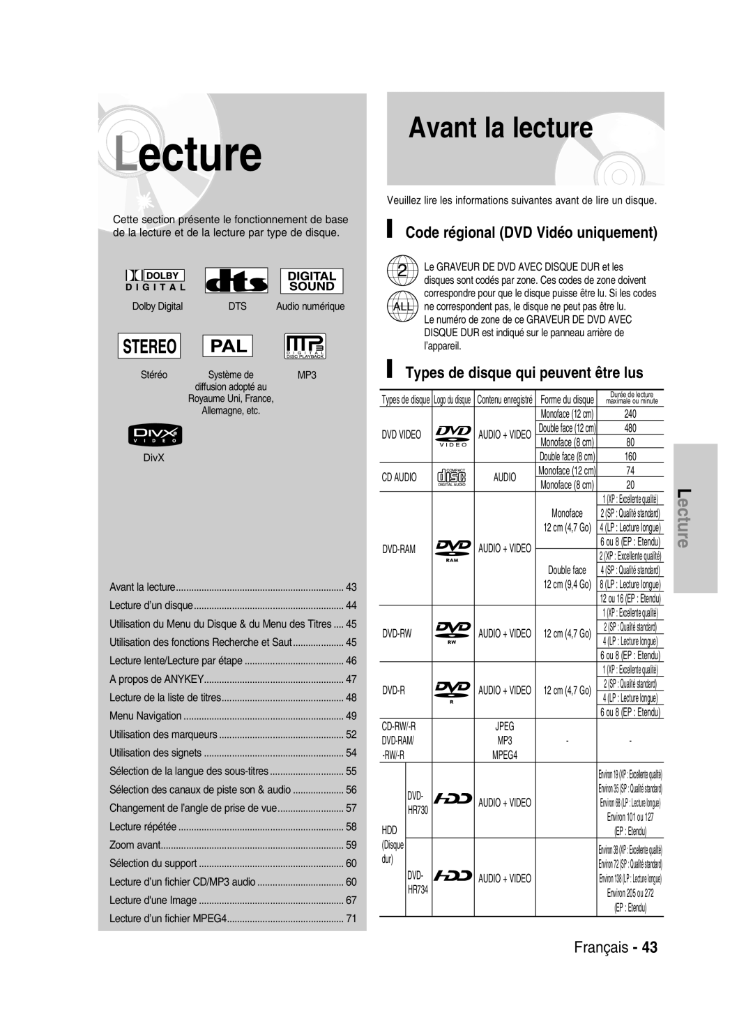 Samsung DVD-HR730/XEC manual Code régional DVD Vidéo uniquement, Types de disque qui peuvent être lus, 12 cm 4,7 Go, Dur 