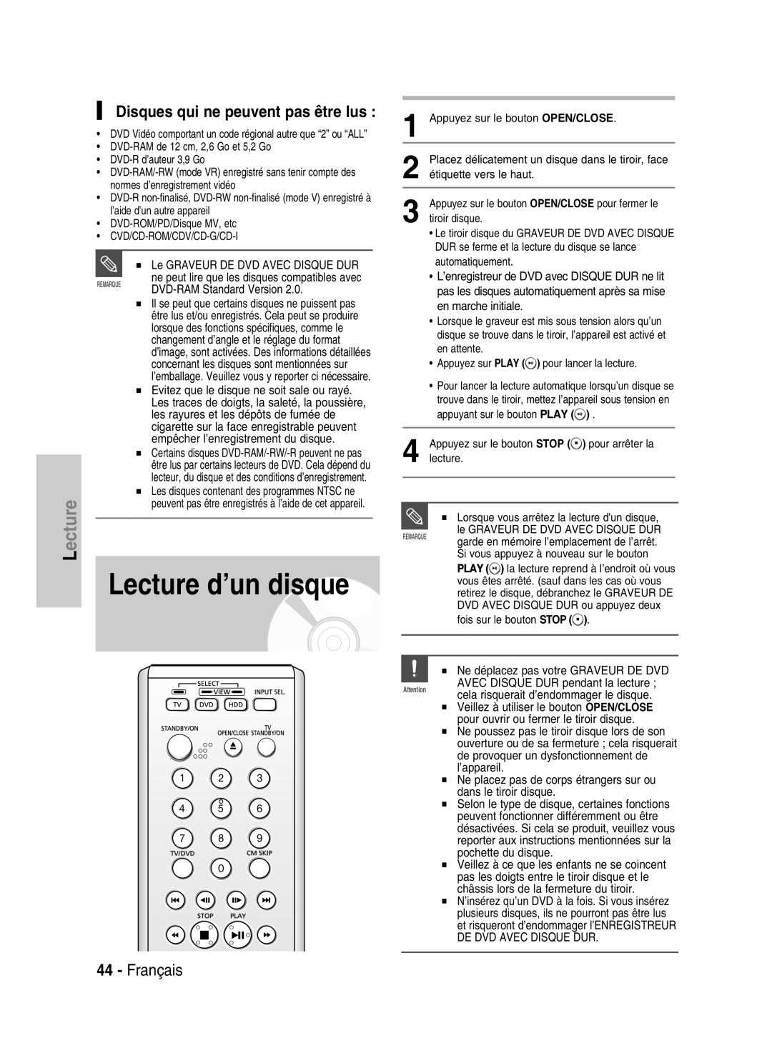 Samsung DVD-HR730/XEB Disques qui ne peuvent pas être lus, Le Graveur DE DVD Avec Disque DUR, DVD-RAM Standard Version 