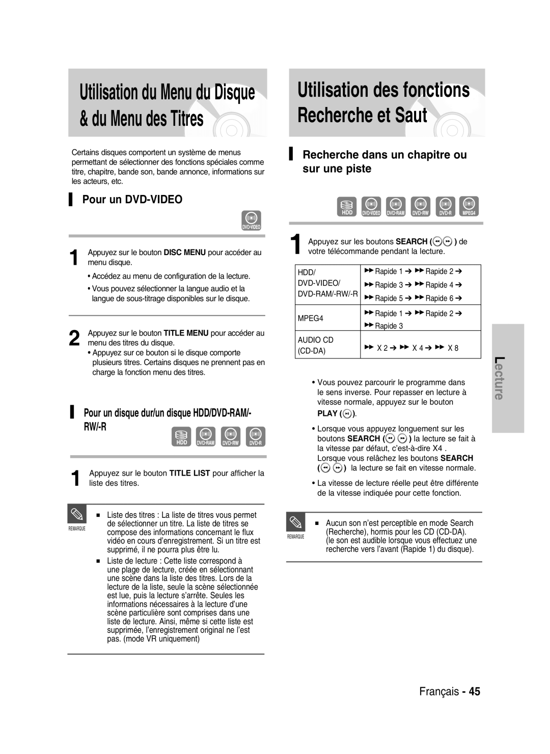 Samsung DVD-HR734/XEG, DVD-HR730/XEC, DVD-HR730/XEB manual Pour un DVD-VIDEO, Recherche dans un chapitre ou sur une piste 